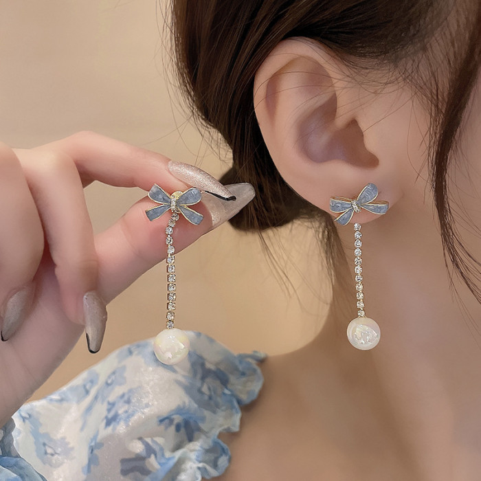 New Elegant Bow Pearl Tassel Long Earrings Party Girls' Luxury Jewelry Korean Fashion Accessories For Woman