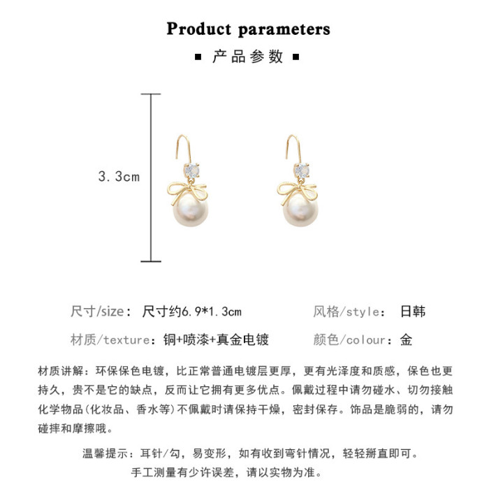 2022 Korean New Exquisite Bow Pearl Stud Earrings for Women Contracted Crystal Heart Shape Girl Temperament Jewelry