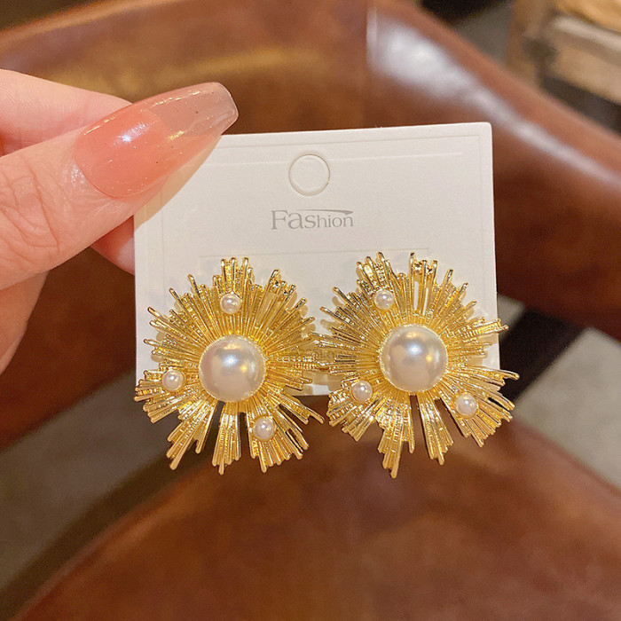 Gold Color Jewelry Metal Sunflower Simulated Pearl Flower Earrings Irregular Flowers for Women