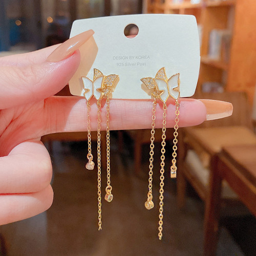 Shiny Zircon Butterfly Gold Color Tassel Earrings for Women Korea Style Copper Jewelry