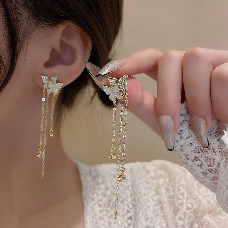 Shiny Zircon Butterfly Gold Color Tassel Earrings for Women Korea Style Copper Jewelry