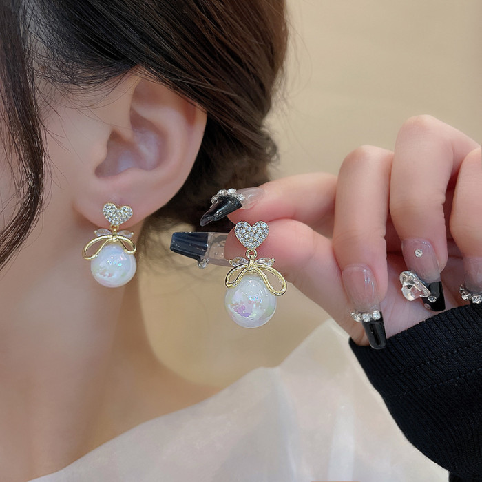 Fashion Trend Crystal Zircon Bow Pearl Earrings Women Party Girl Imitation Pearl Dangle Luxury Jewelry Gift