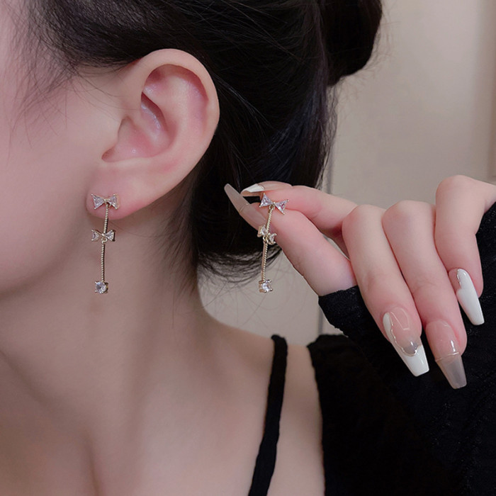 Korean Style Long Bow Earring for Women Crystal Zircon Tassel Drop Girl Lady Elegant Fashion Ear Jewelry
