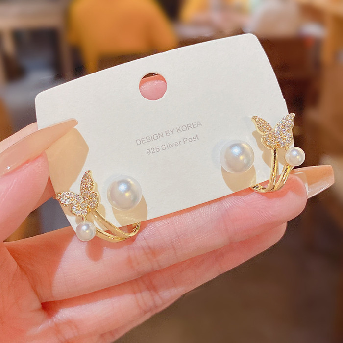 Personality Pearl Butterfly Geometric Stud Earrings for Women Double Side Back Post Hanging Ear Cuff Wedding Jewelry
