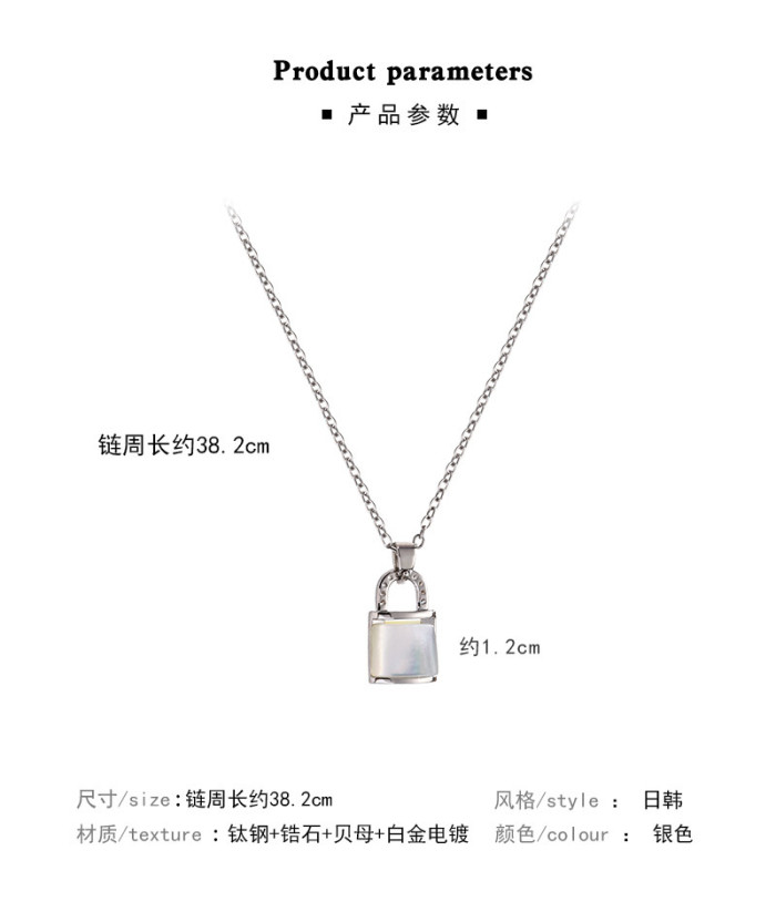 2022 New Natural Shell Small Delicate Crystal Setted Lock Pendant Necklace Stainless Steel Gold Plated Silver Color