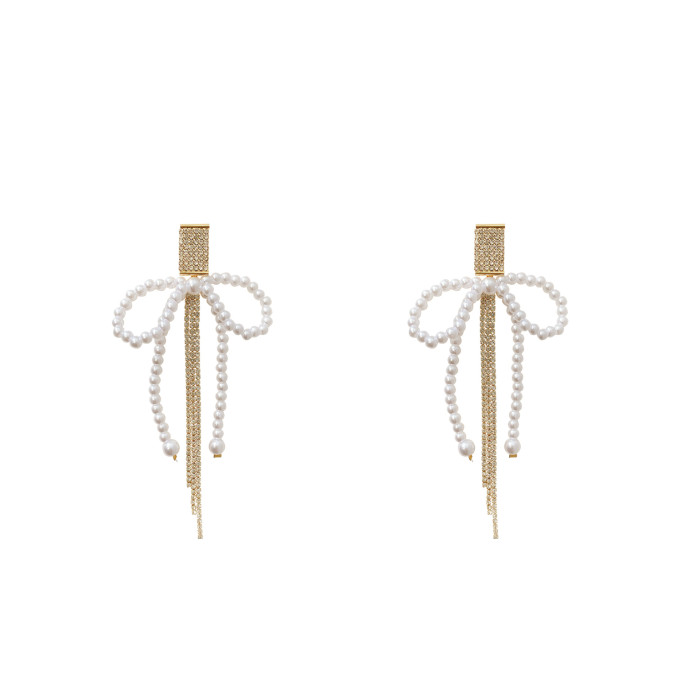 Classic Shiny Rhinestone Crystal Bow Long Tassel Earrings for Women Girls Party Ear Accessories Fashion