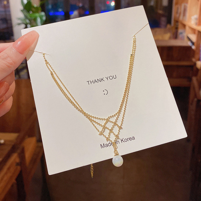 2023 Fashion Imitation Pearl Net Pendant Necklace for Women Clavicle Chain Short Female Gold Color