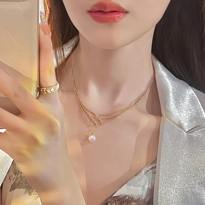 2023 Fashion Imitation Pearl Net Pendant Necklace for Women Clavicle Chain Short Female Gold Color