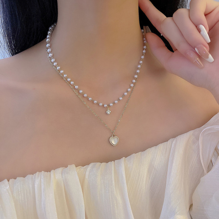 Heart Pearl Pendant for Women Double Layer Chain Choker Necklaces Aesthetic Accessories Jewelry