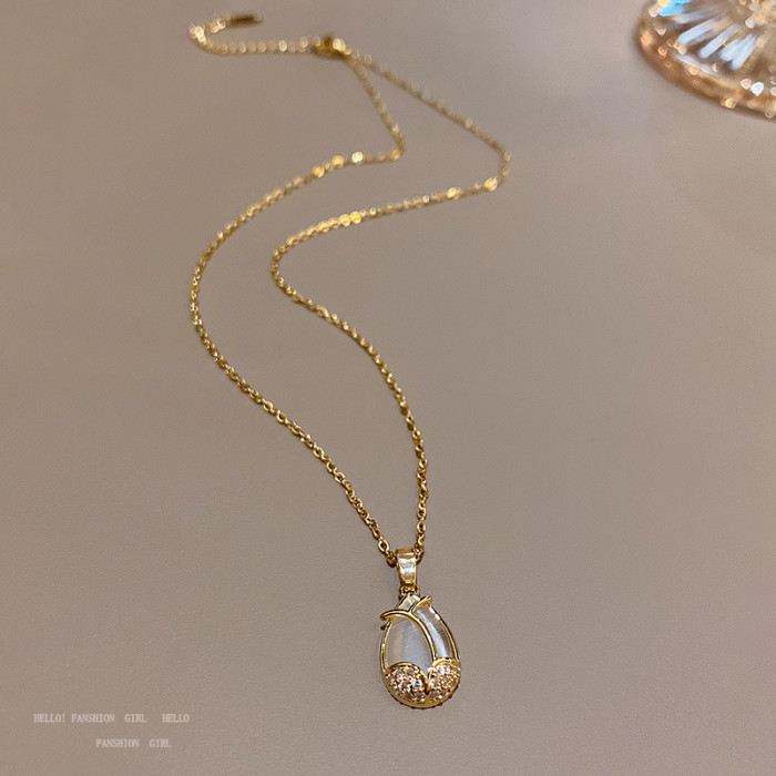 Delicate Titanium Steel Tulip Pendant Necklace For Women Fashion Elegant Gold Color Chain Classic Wedding Jewelry