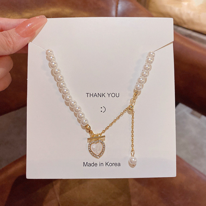 2022 New Korean Elegant Pearl Beads Necklace for Women Ladies Fashion Rhinestone Shell Heart Pendent Choker Jewelry