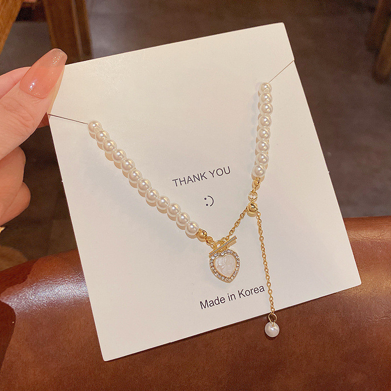 2022 New Korean Elegant Pearl Beads Necklace for Women Ladies Fashion Rhinestone Shell Heart Pendent Choker Jewelry