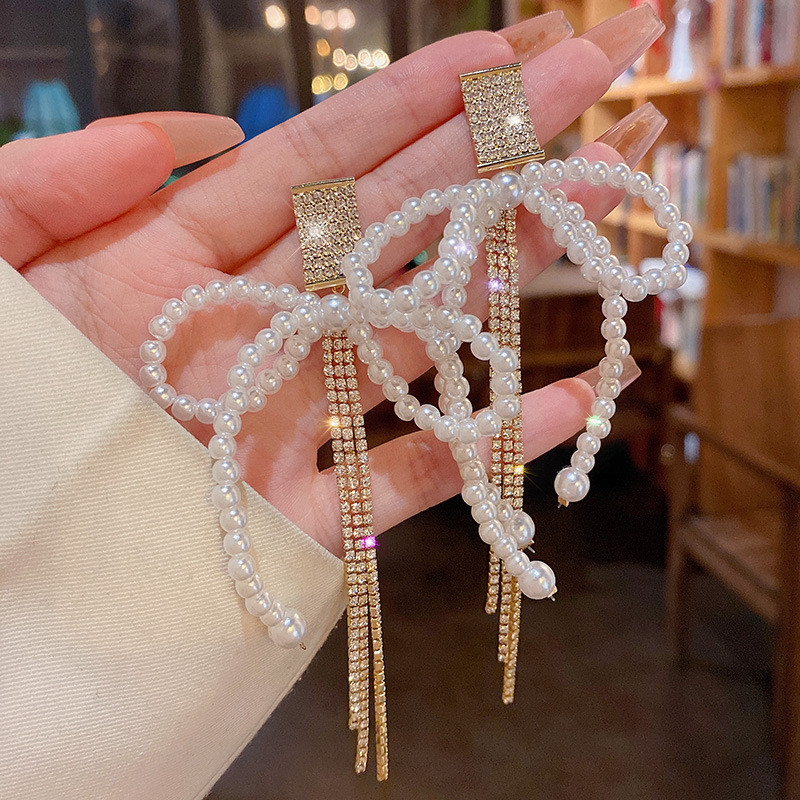 Classic Shiny Rhinestone Crystal Bow Long Tassel Earrings for Women Girls Party Ear Accessories Fashion