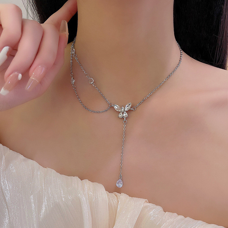 Sparkling Zircon Butterfly Long Tassel Necklace Chain Choker for Women Wedding Gift