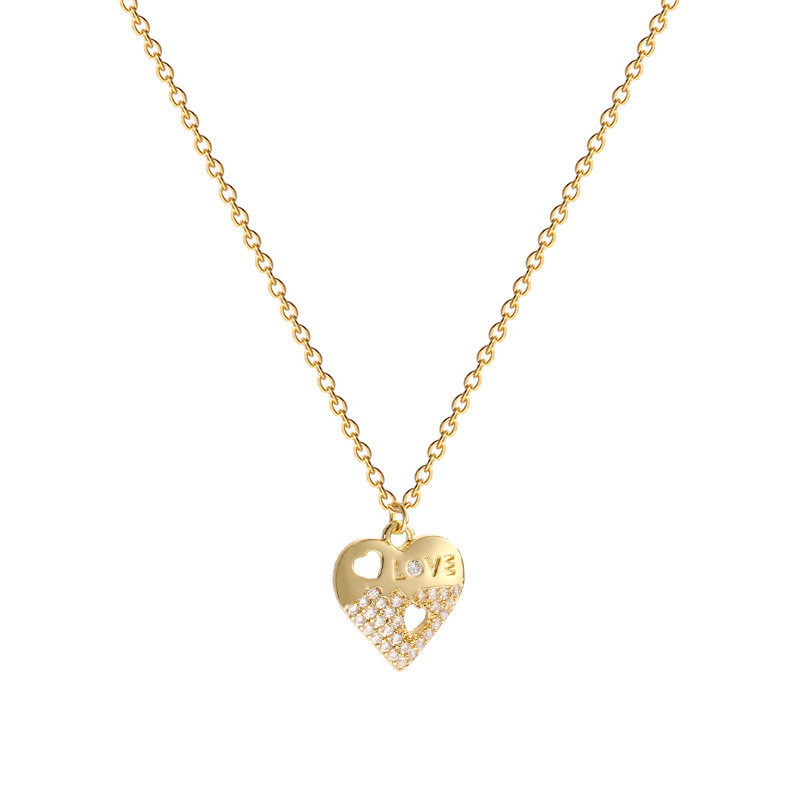 Inlaid Crystal Hollow Heart Neckalce for Woman14K Rose Gold Pendant Fashion Sweet Romantic Engagement Jewelry