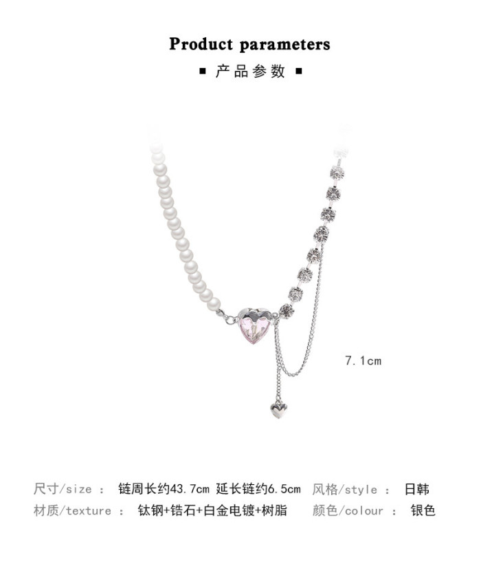 Accessories Fashion Peach Heart Water Drop Pendant Necklace Pink Crystal Pearl Splicing Chain Aesthetic Jewelry