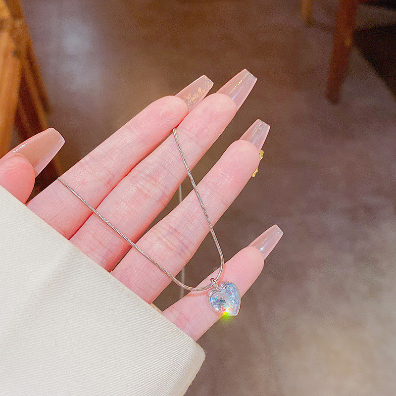 Silver Color Big Heart Shaped Romantic Zircon Stone Charm Pendant Necklaces Engagement Jewelry