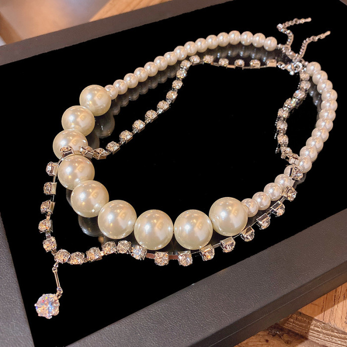 Double Layer Big Pearl Chain Choker Necklace for Women Zircon Chain Jewelry Accessories