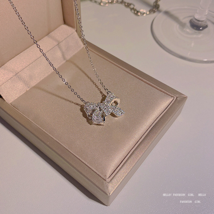 Korean New Design Fashion Jewelry Exquisite Necklaces Ring Copper Inlaid Zircon Bow Pendant Elegant  Female