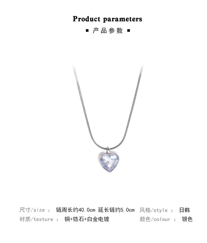 Silver Color Big Heart Shaped Romantic Zircon Stone Charm Pendant Necklaces Engagement Jewelry