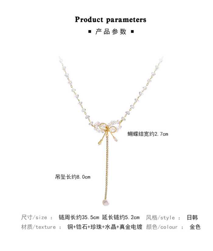 New Long Tassel Bow Tie Pendant Stainless Steel Necklace for Women Zirconia Crystal Bead Female Jewelry Gifts