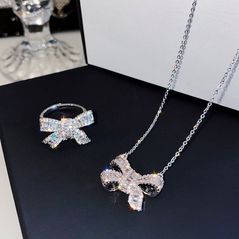 Korean New Design Fashion Jewelry Exquisite Necklaces Ring Copper Inlaid Zircon Bow Pendant Elegant  Female