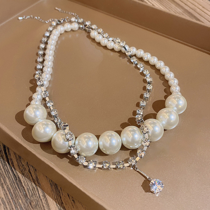 Double Layer Big Pearl Chain Choker Necklace for Women Zircon Chain Jewelry Accessories