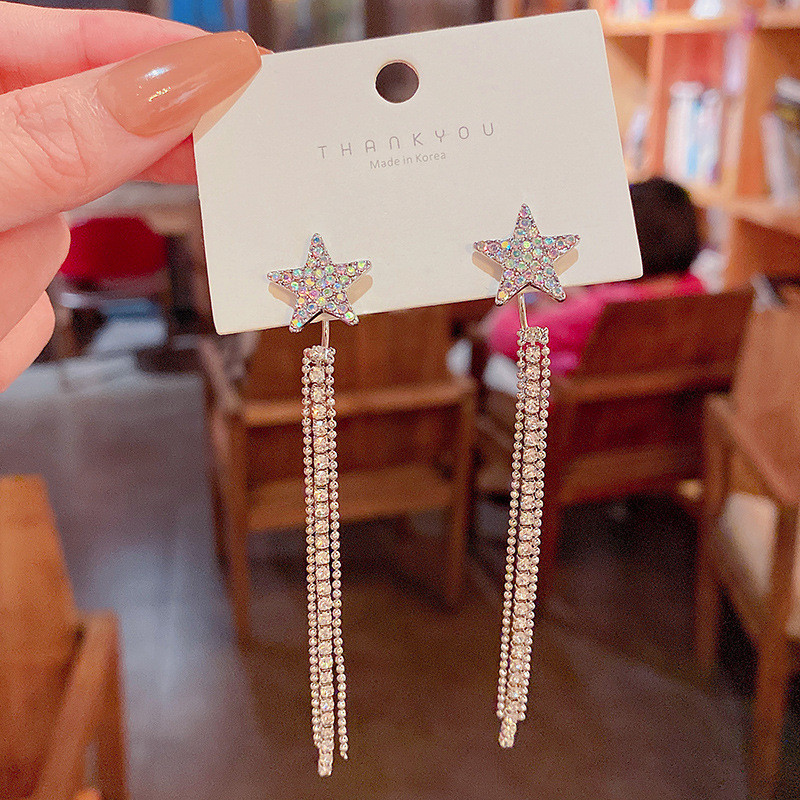 Fashion Long Tassel Crystal Earrings for Women Luxury Shiny Gold Color Star Rhinestone Dangle Jewelry Gift