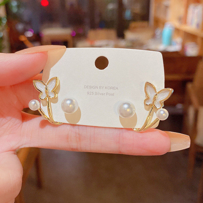 Korean Unique Pearl Enamel Butterfly Back Double Sided Stud Earrings for Women Jewelry