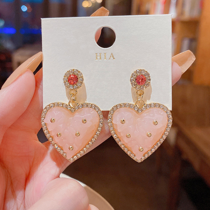 Simple Design Pink Crystal Lover Heart Dangle Women Elegant Cubic Zirconia Peach Drop Earring Party Jewelry