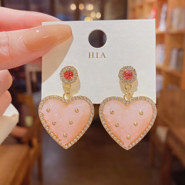 Simple Design Pink Crystal Lover Heart Dangle Women Elegant Cubic Zirconia Peach Drop Earring Party Jewelry