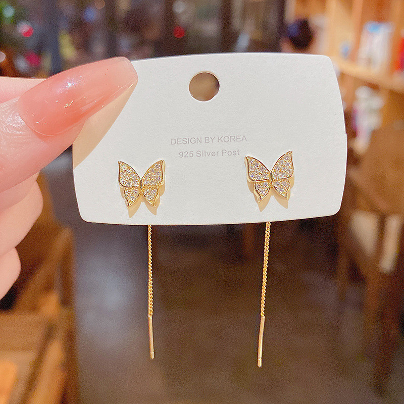 Long Tassel Butterfly Earrings for Women Inlaid White Zircon Party Birthday Gift Jewelry