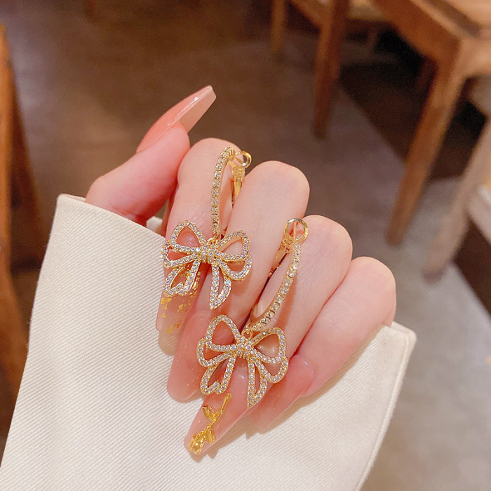 Girl's Sweet Hollow Zircon Bow Earrings Fashion Jewelry for Woman Party Elegant Accessories