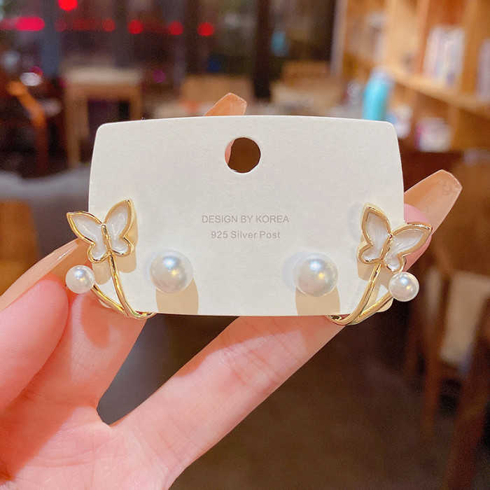 Korean Unique Pearl Enamel Butterfly Back Double Sided Stud Earrings for Women Jewelry