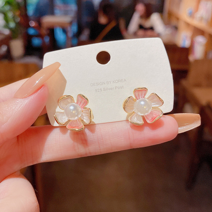 2022 Flower Shaped Studs Earrings Women Enamel Drop Oil Flower Pearl Fashion Simple Temeprament Party Gift Ear Jewelry