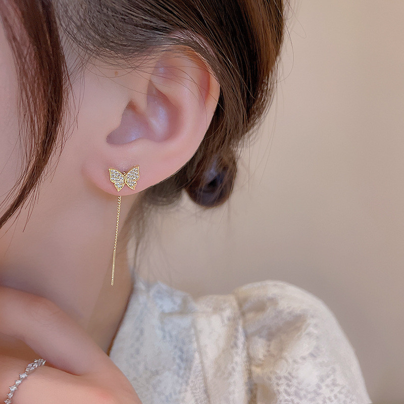 Long Tassel Butterfly Earrings for Women Inlaid White Zircon Party Birthday Gift Jewelry