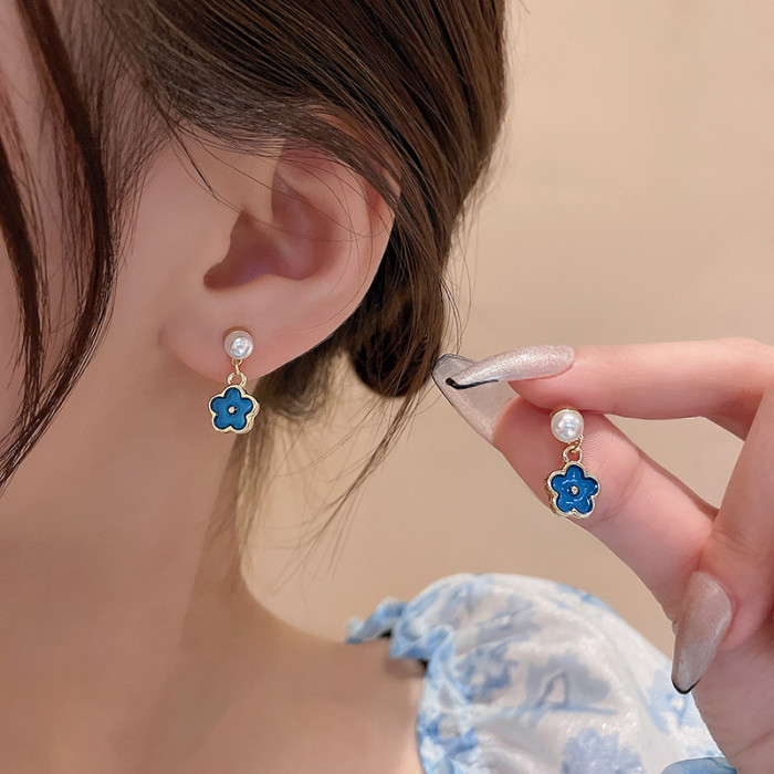 Blue Flower Earrings for Women Handmade Enamel Dangle Aesthetic Bride Wedding Accessory Party Fashion Jewelry