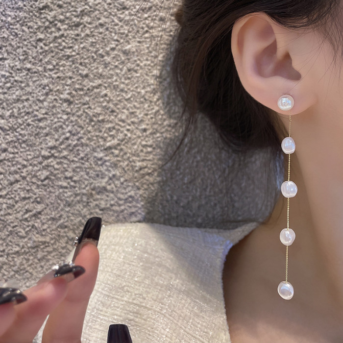 Korean Japan Natural Freshwater Pearl Pendant Long Section Tassel Water Drop Dangling Pearl Drop Earrings for Women Jewelry