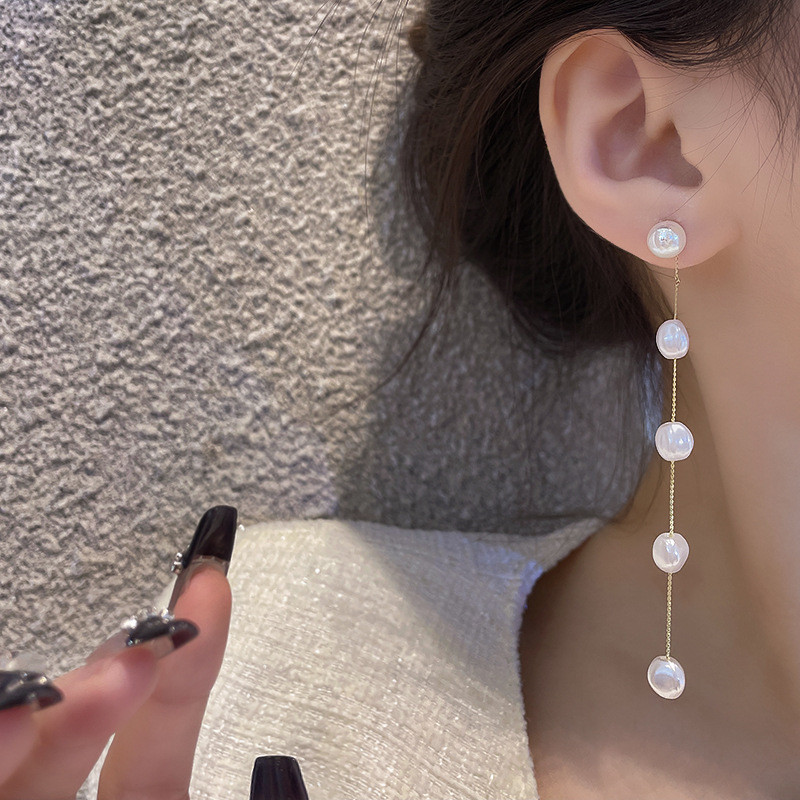Korean Japan Natural Freshwater Pearl Pendant Long Section Tassel Water Drop Dangling Pearl Drop Earrings for Women Jewelry