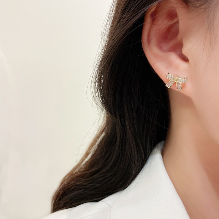 Zircon Crystal Bow Stud Earrings For Women Heart Shape Bowknot Christmas Girl New Year Festival Jewelry