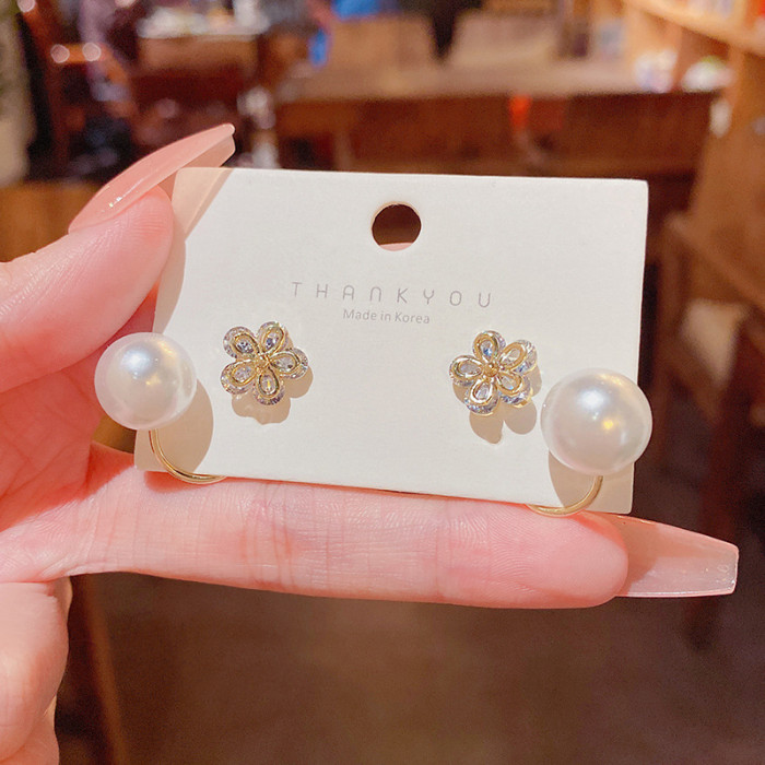 Korean Unique Pearl Crystal Flower Back Double Sided Stud Earrings for Women Jewelry