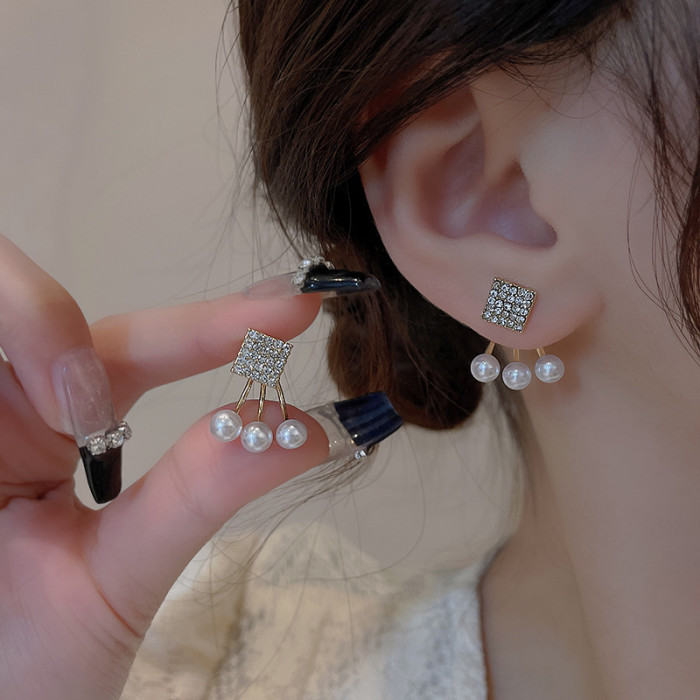 2022 New Crystal Zircon Square  Earrings for Women Elegant Imitation Pearl Bow Dangle Bridal Wedding Luxury Jewelry