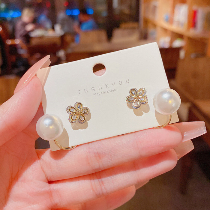 Korean Unique Pearl Crystal Flower Back Double Sided Stud Earrings for Women Jewelry