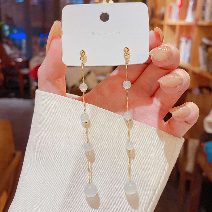 Exquisite Crystal Opal Long Tassel Drop Earrings for Women Girls Korean Style Rhinestone Flower Wedding Party Jewelry