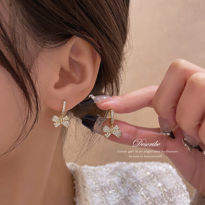 Fashion Sweet Bow Shiny Zircon Ear Buckle Charm Women Wedding Huggies Butterfly Hoop Jewelry