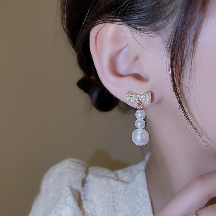 New Elegant Bow Pearl Tassel Long Earrings Party Girls' Luxury Jewelry Korean Fashion Accessories Drop For Woman