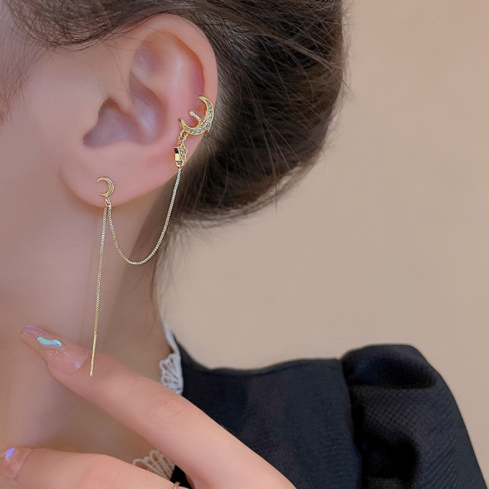 New Star and Moon Tassel Earrings for Women Fashion Long Tassel One Piece Ear Line Ear Clip Wedding Party Jewelry Gift
