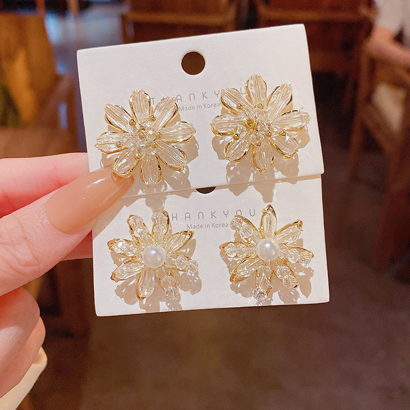Bling Bling Crystal CZ Flower Earrings Stud Ear Piercing Romantic Women's Accessories Fancy Birthday Gift Trendy Jewelry