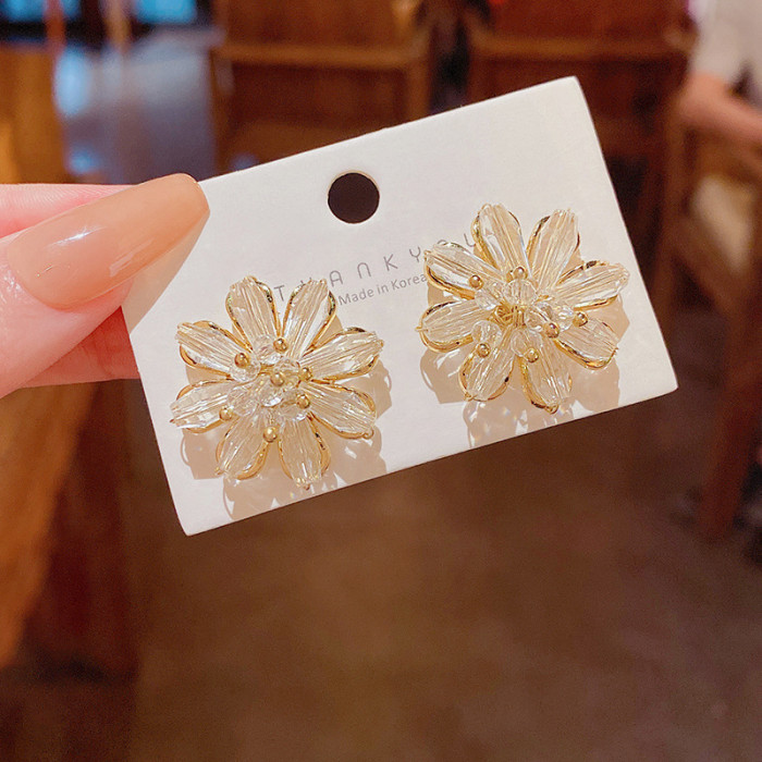 Bling Bling Crystal CZ Flower Earrings Stud Ear Piercing Romantic Women's Accessories Fancy Birthday Gift Trendy Jewelry