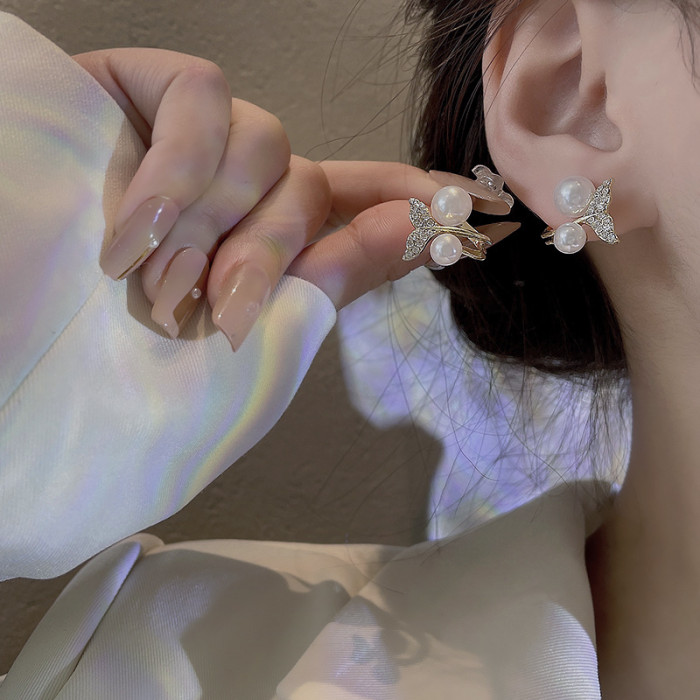 Korean Unique Pearl Crystal Flower Back Double Sided Stud Earrings for Women Ear Jackets Curved Piercing  Jewelry